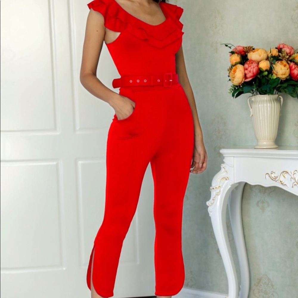 Layered Ruffle Split Leg Slinky Jumpsuit